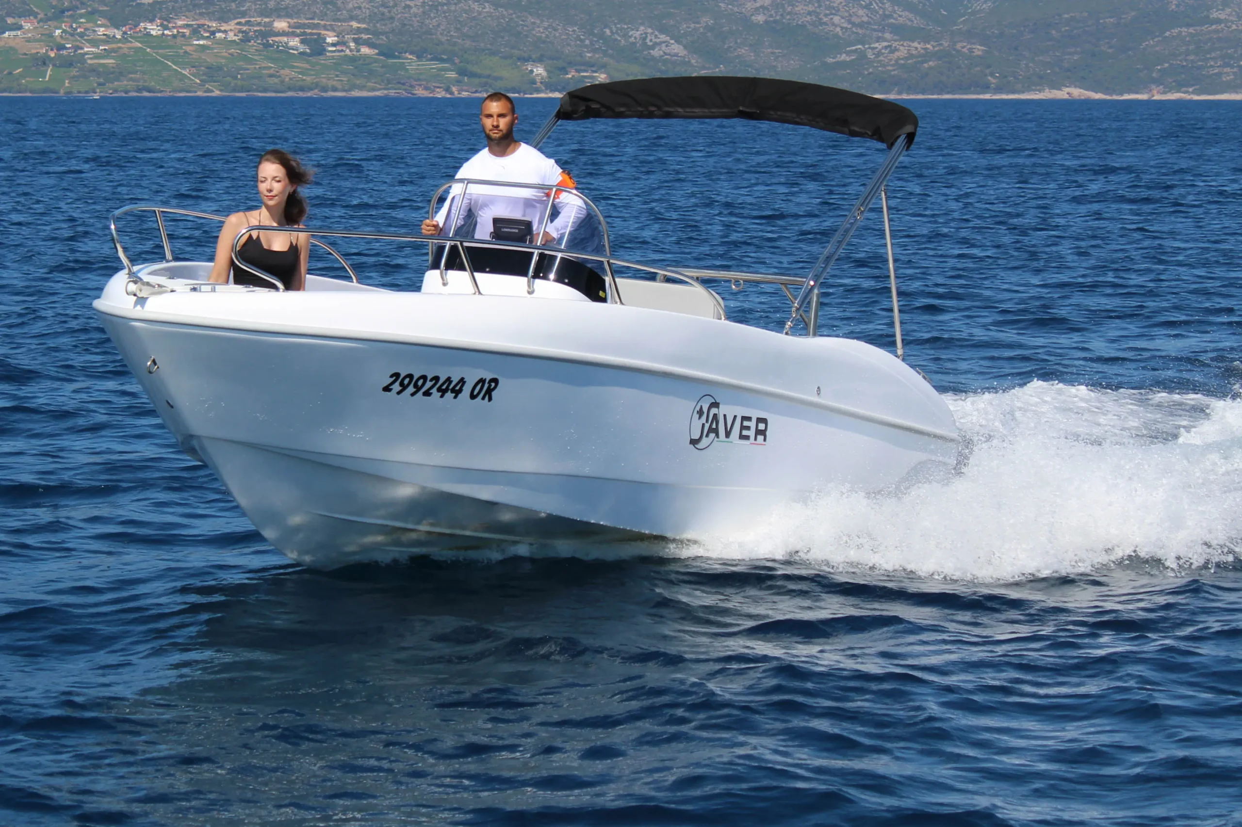 Saver 19 boat cruising on the Adriatic Sea near Orebic, Croatia